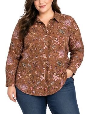 Talbots ~Woman Plus Size 2X~ Brown Multicolor 100% Cotton Button Down Shirt Top.